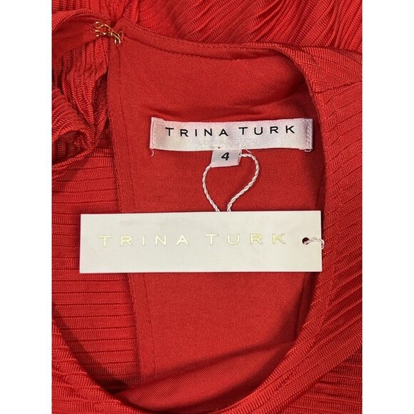 Trina Turk Ribbed Flounce Drop Waist Dress Red Sleeveless Keyhole Size 4‎ NWT - Picture 2 of 12